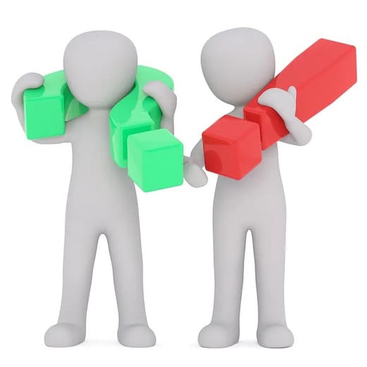 Ein Männchen mit Fragezeichen, eines mit Ausrufezeichen. Bedeutung: Häufige Fragen, beantwortet vom erfahrenen Texter.