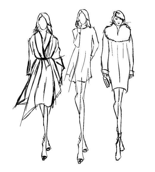 Modezeichnung von drei feminin gekleideten Models, die sich ideal mit einer Mode-Produkttexten veröffentlichen lässt.